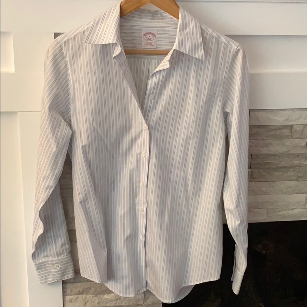 Brooks Bros Women’s All Cotton Non-Iron shirt, white w/ lt blue and lilac stripe